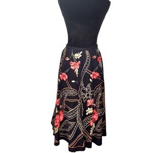 Le Meiux Full A-Line Black and Red Paisley Print Sequined Skirt Size 8 Boho